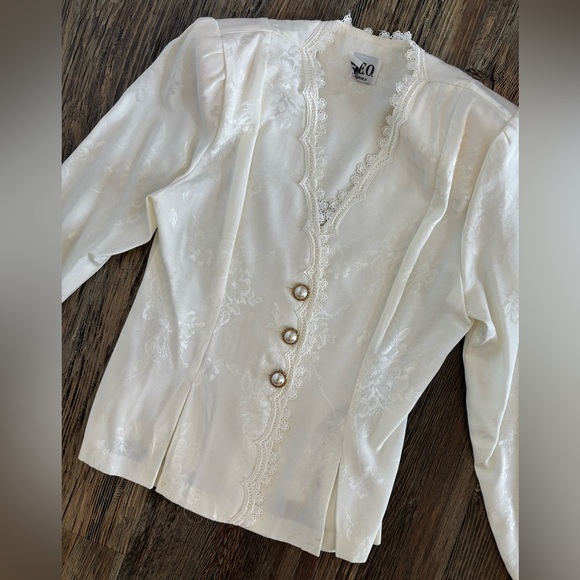Vtg REO Originals Victorian Blouse Sz 8 Ivory Floral Brocade Pearl Buttons Lace - Picture 9 of 13